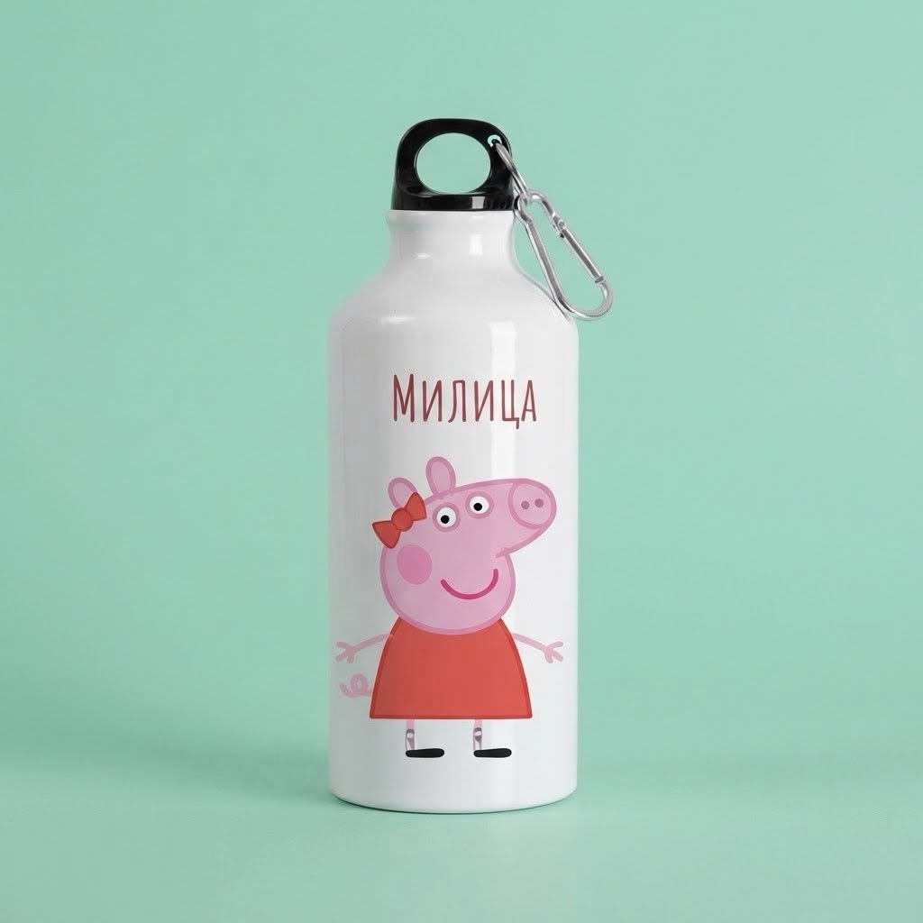 Bela flašica sa crtežom Peppa Pig i imenom Milica